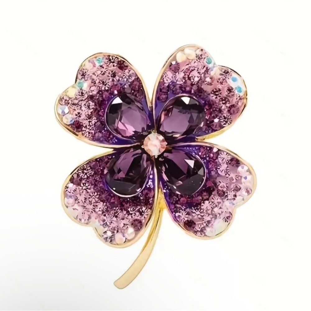 Purple Crystal Four-Leaf Clover Brooch